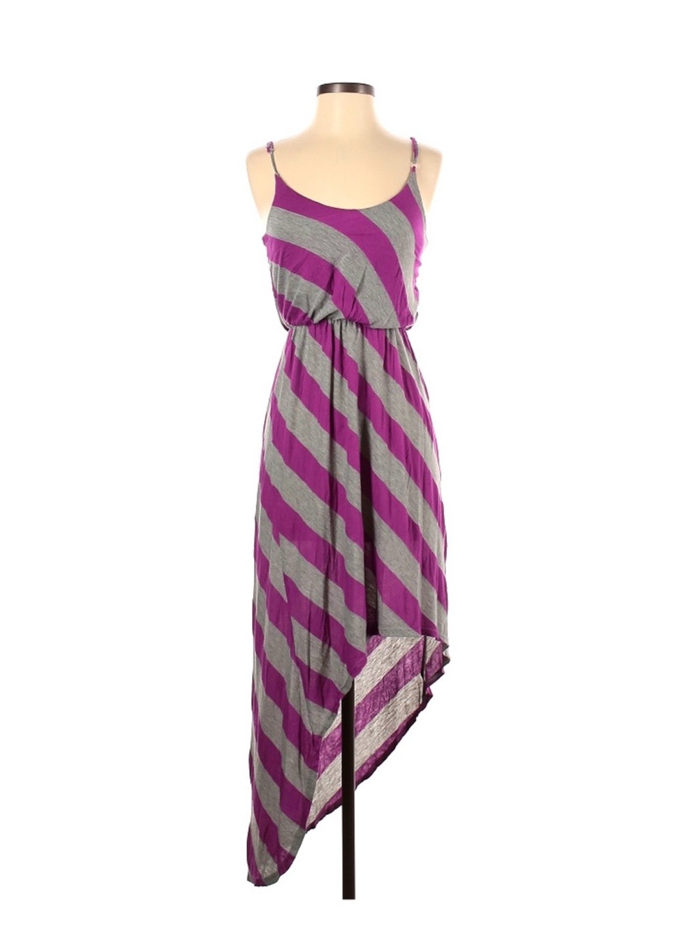 ESPRESSO Purple and Gray Diagonal-Stripe Asymmetrical Soft Hi-Lo Dress